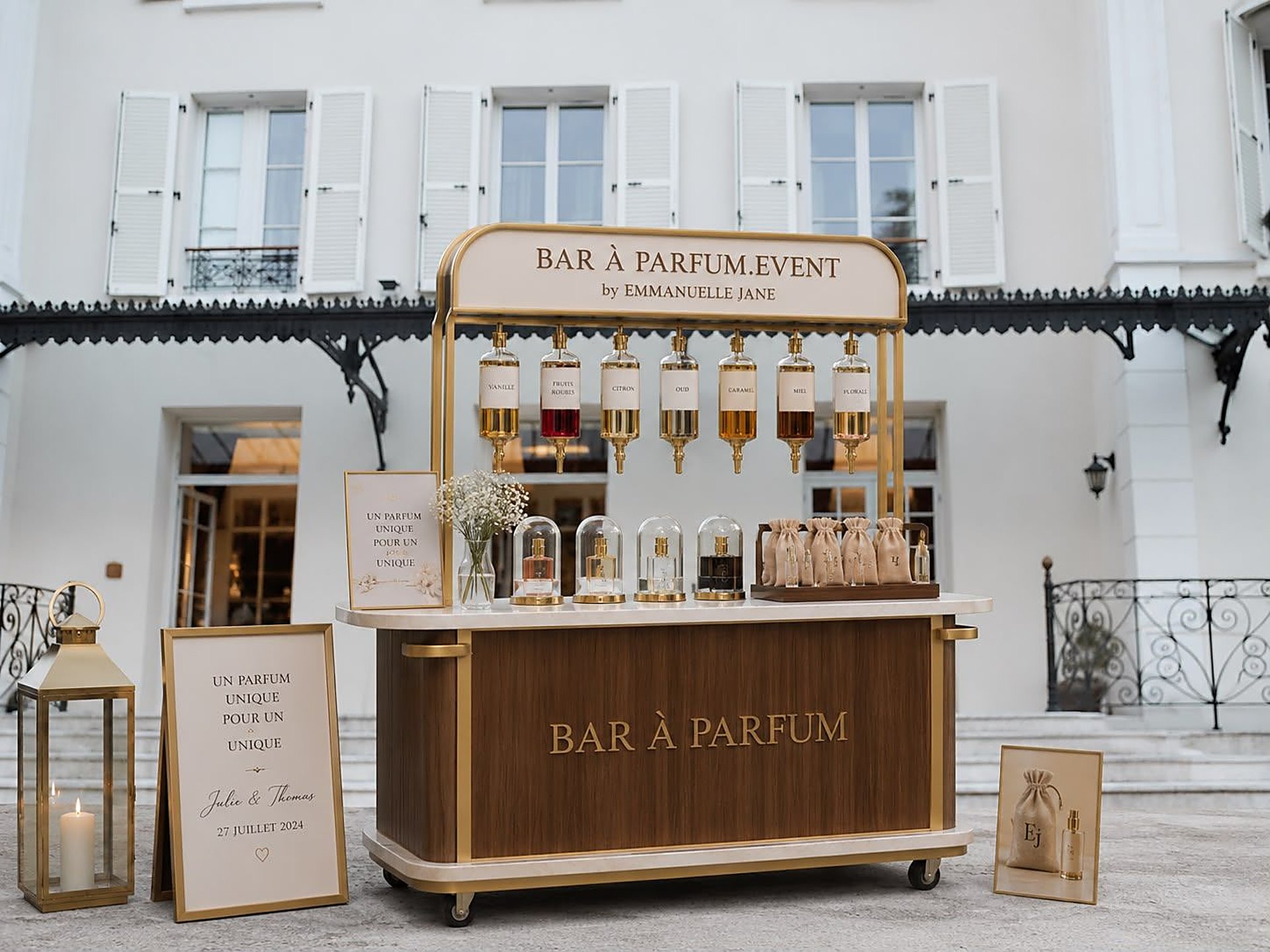 Le chariot Bar à Parfum dressé devant une façade de maison de réception